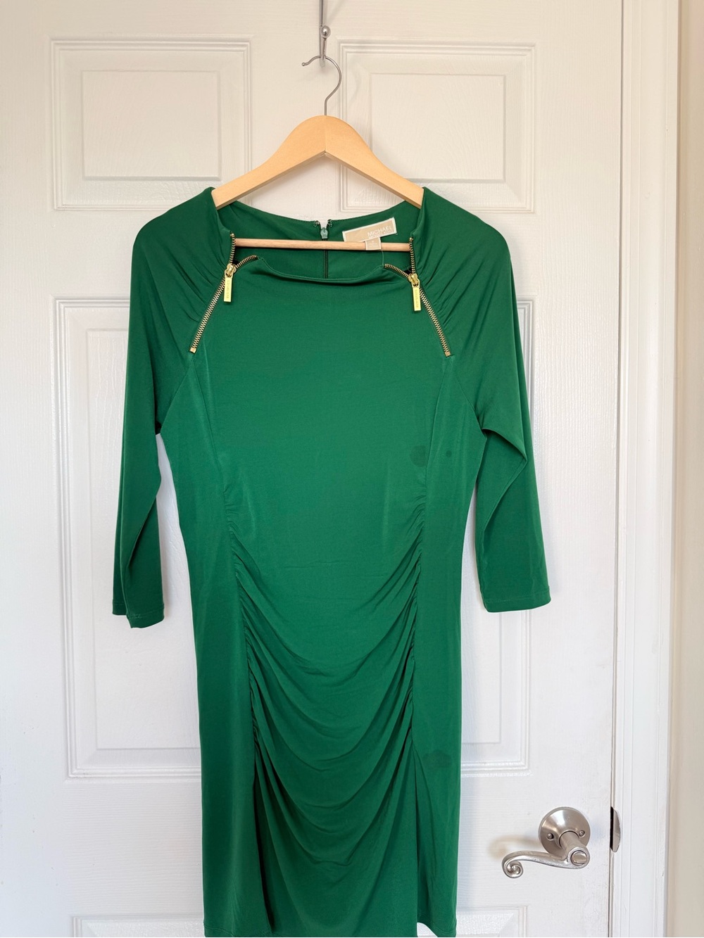 Michael Kors Emerald Green Ruched Ponte Dress with Gold Zipper Detail